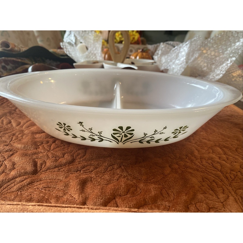 Vintage Oval Glasbake Casserole Dish 12" Divided Green Crazy Daisy J2352